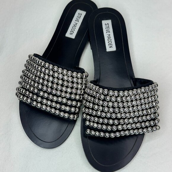 STEVE MADDEN Black and Silver Bead Slide Flat Sandal, Women's SIze 9M - Picture 1 of 6